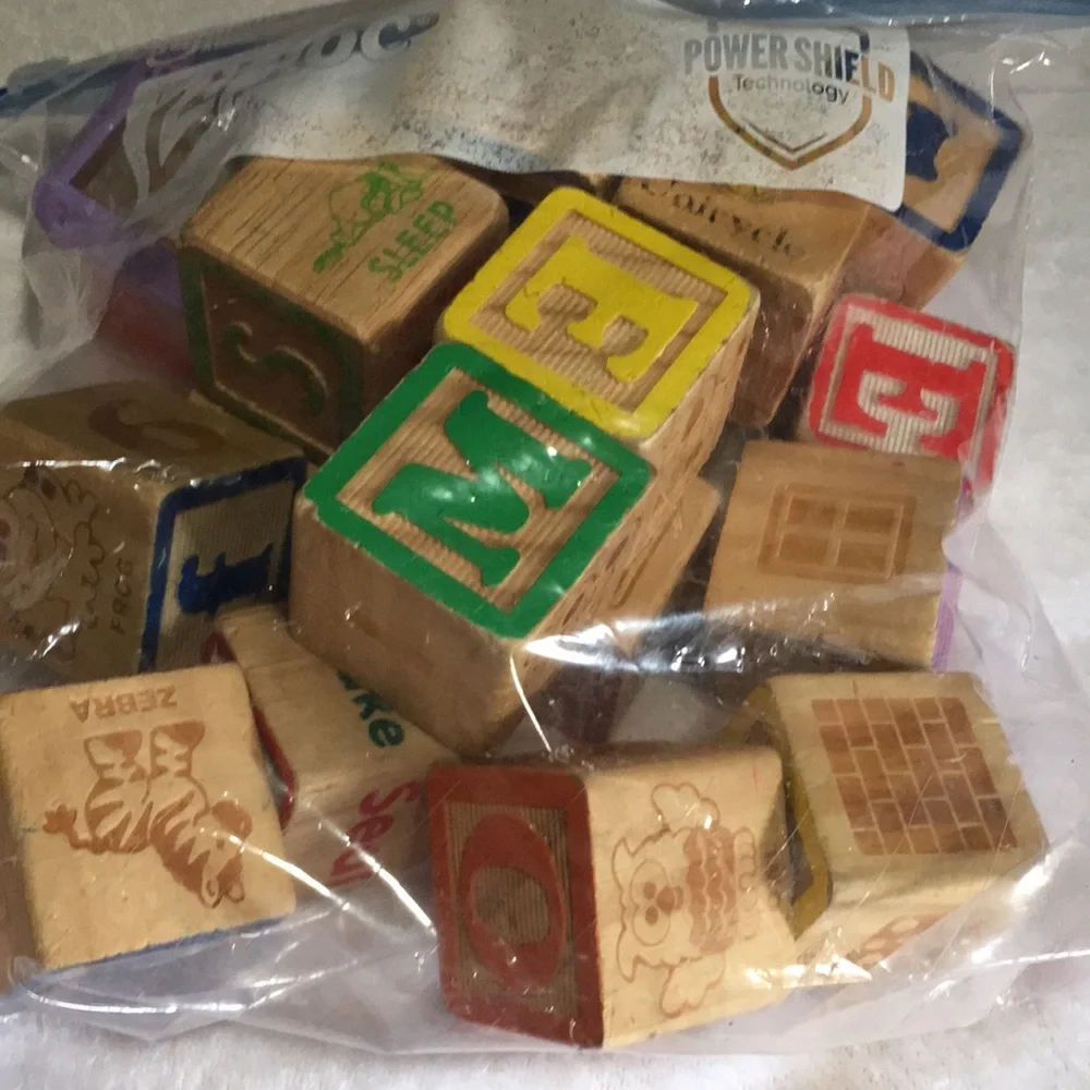 2” wooden blocks with numbers, letters, animals, and nouns